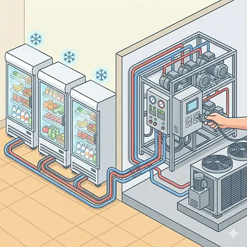 سیستم رک کمپرسور موازی (Rack System) برای مدیریت برودت در هایپرمارکت‌های بزرگ
